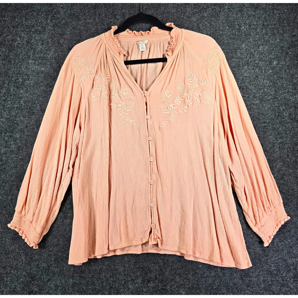 Cato Women's XL Blush Pink Floral Embroidered Gauze Blouse Boho Rayon